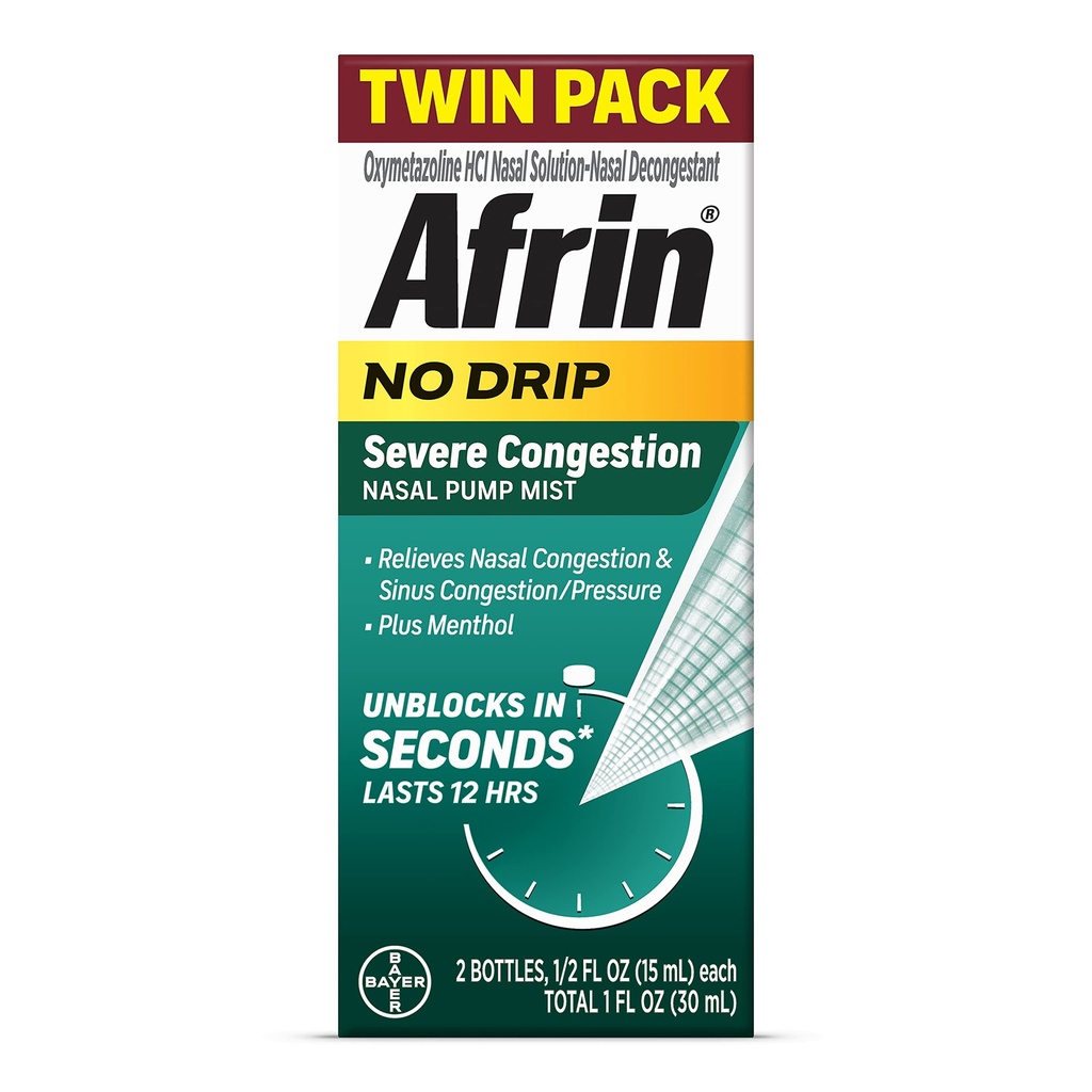 Afrin No Drip Severe Congestion Nasal Mist Twin Pack, Non-Drowsy, Fast-Acting Decongestant for Nasal Congestion and Sinus Pressure Relief, Adults and Children 6 and Older, .5 fl oz (Pack of 2)