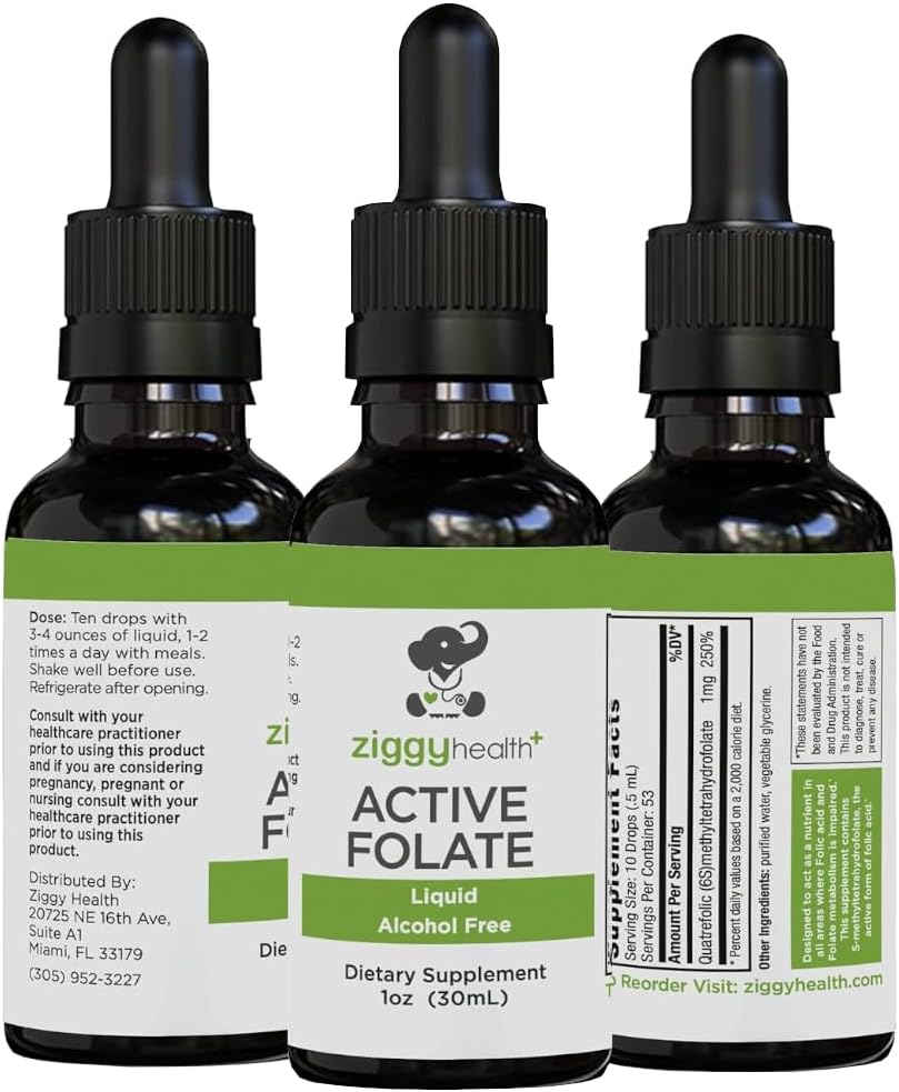 Folato activo Extracto Líquido Suplemento - L-Methylfolate for Better Absorption, Brain Health, Mejorar la función celular, Sistema de soporte, Complejo B Soluble de agua, 1oz - por Ziggy Health