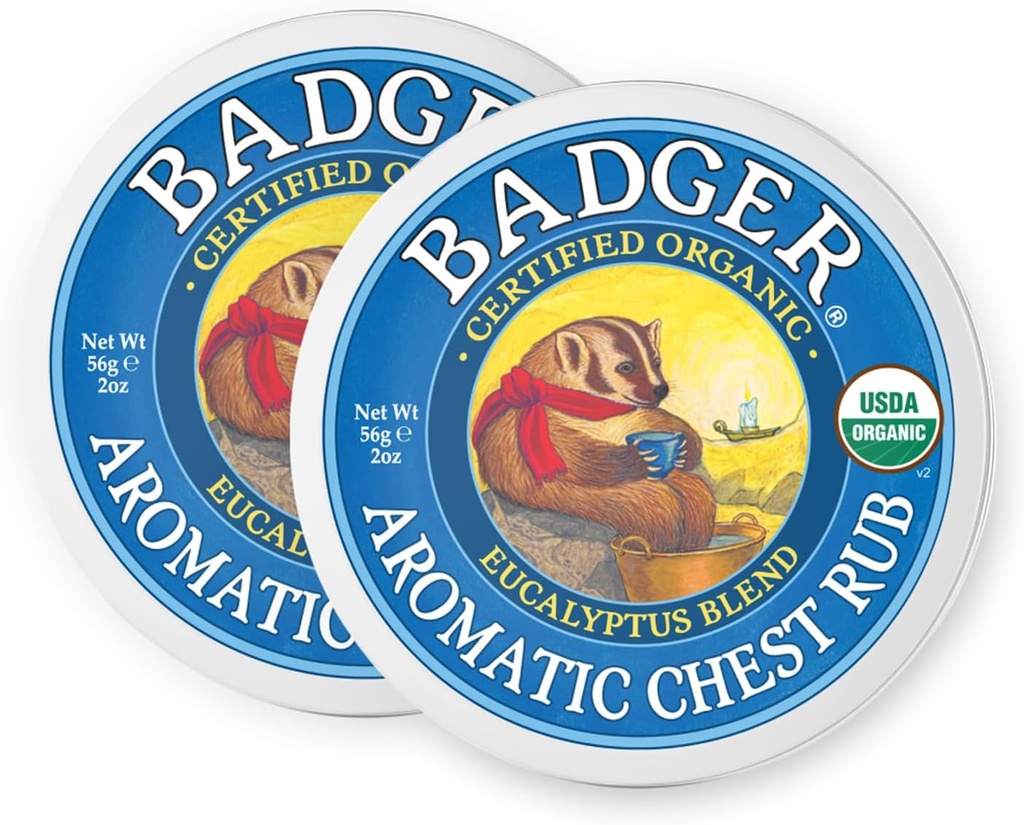 Aromatic Chest Rub, 100% Organic Vaporub w/Eucalyptus & Lavender Essential Oils to Clear " Soothe, All-Natural Chest Congestion Relief for Adults " Kids, 2 oz Tin, 2-Pack