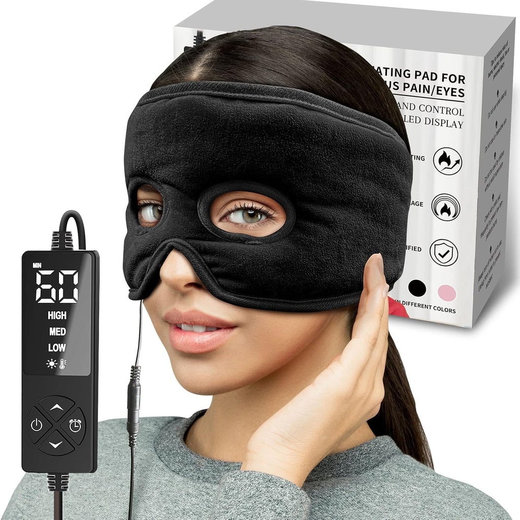 Moist Heat Sinus Pressure Relief Mask with 3 Heat Settings, Extra Large Face Heating Pad for Eyes, Sinusitis, Hormona Migraine, Tension Headache Relief Black