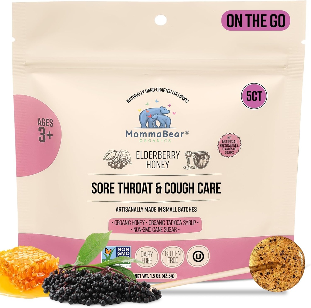 MommaBear Organics Handcrafted Kids Cough Lollipops – Natural Sore Throat Relief & Cough Drop Suckers for Kids 3+ – Elderberry Bits, Honey & Organic Flavors – Tightly Sealed for Freshness, 5pc