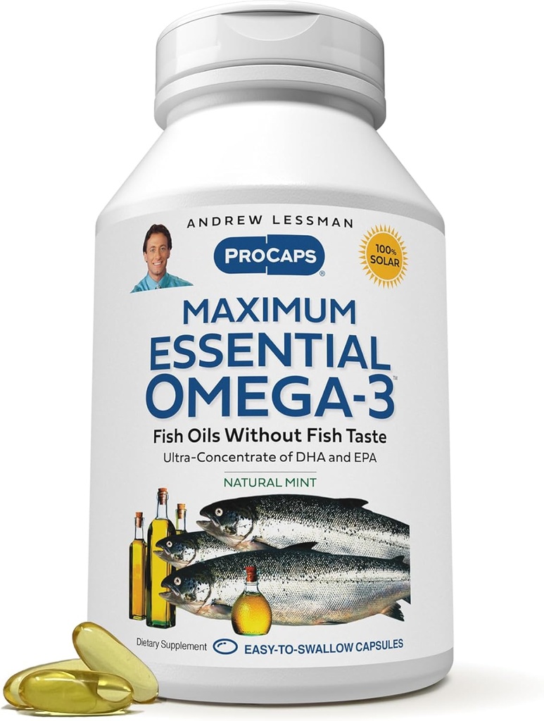 ANDREW LESSMAN Maximum Essential Omega-3 Mint - 30 Softgels - Ultra-Pure, High Potency Omega-3 Oils. High DHA, No Stomach Upset, No Contaminants, No Mercury. Small Easy to Swallow Softgels