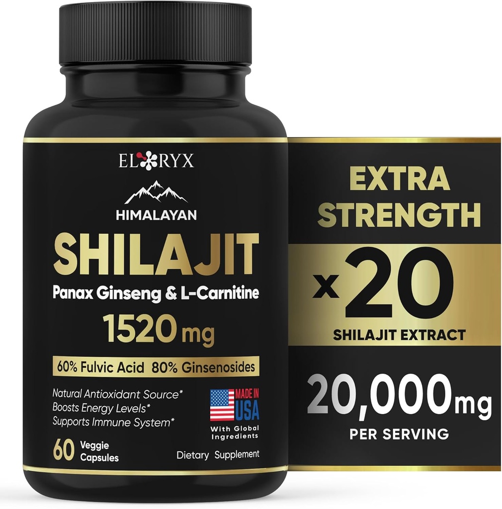 Himalayan Shilajit Supplement, 60 Capsules, Extract Powder, 60% Fulvic Acid, 85+ Trace Minerals, Energy & Immune Support Shilajit for Men & Women, Alternative to Authentic Resin or Pills USA Made
