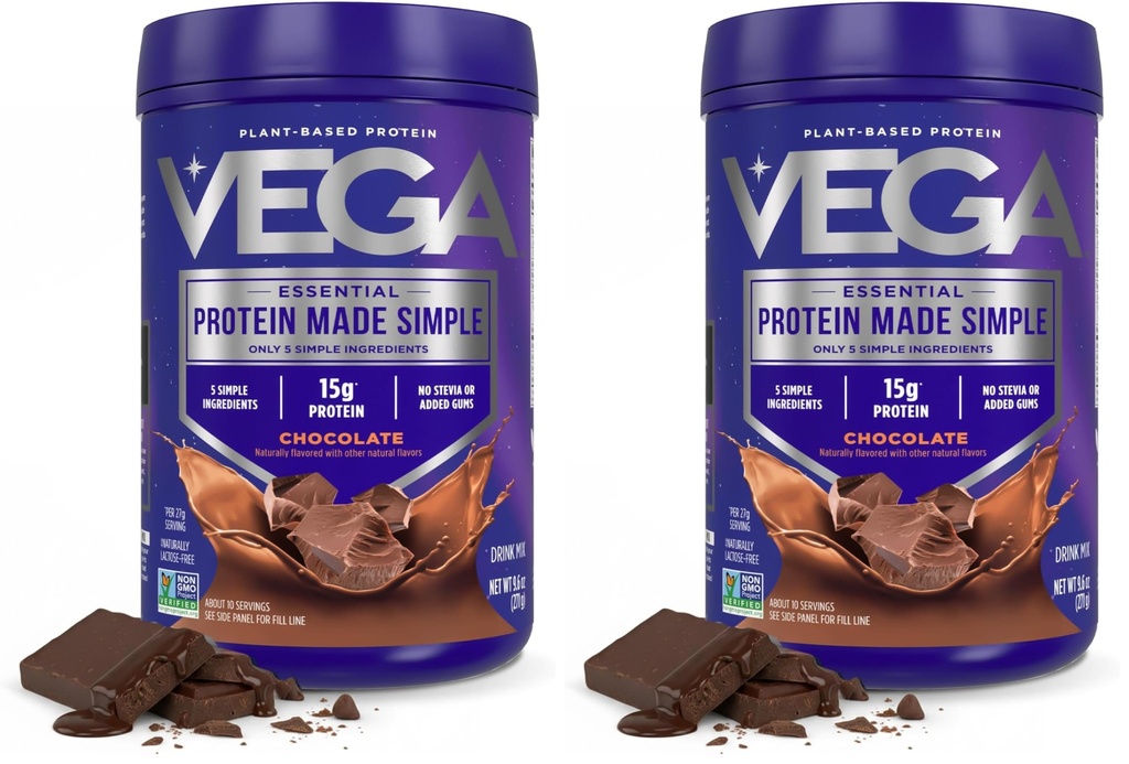 Vega Protein Hecho Simple, Chocolate Oscuro - Stevia Free Vegan Protein Powder, Planta Basada, Saludable, Gluten Gratis, Pea Protein for Women and Men, 9.6 oz (Packaging May Vary) (Pack of 2)