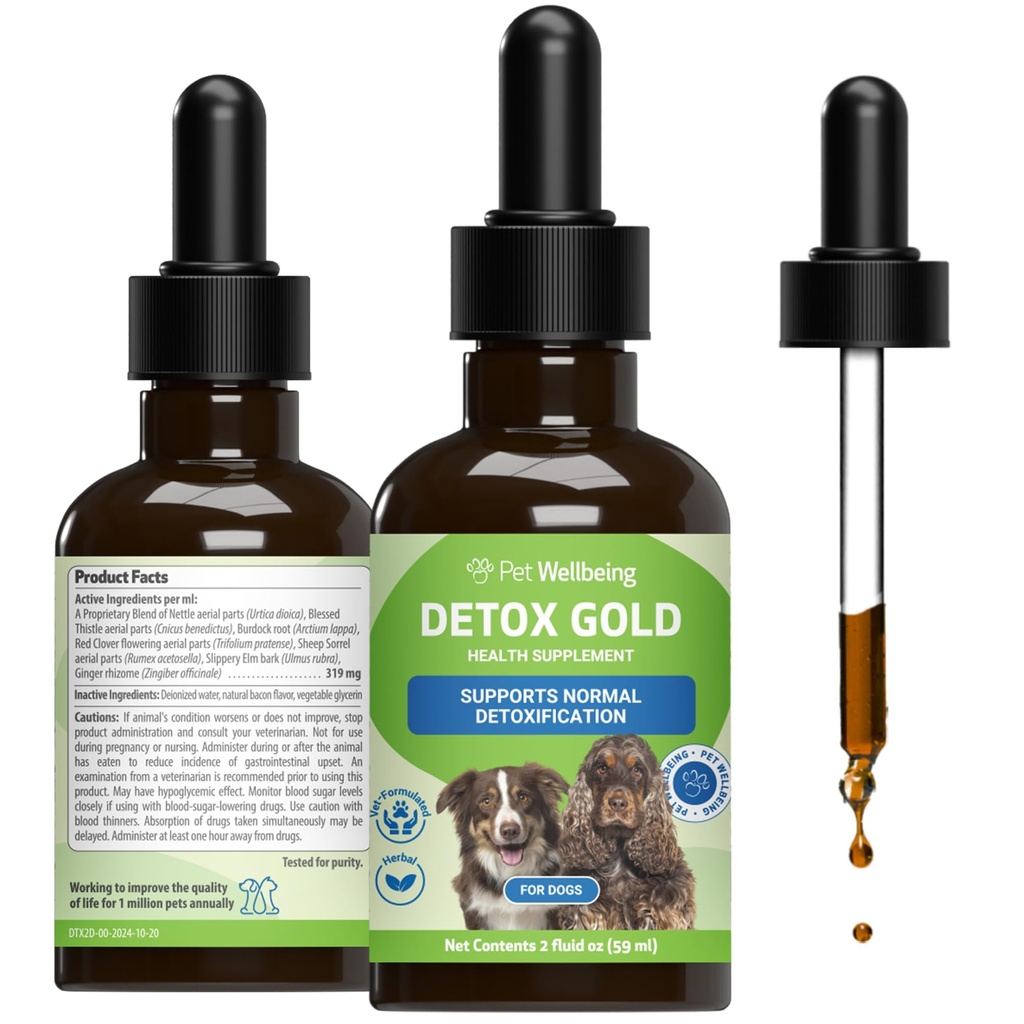 Pet Wellbeing Detox Gold for Dogs - Gentle Detoxification & Elimination Support, Immune System Care, Nettle, Blessed Thistle, Burdock Root - Veterinarian-Formulated Herbal Supplement 2 oz (59 ml)