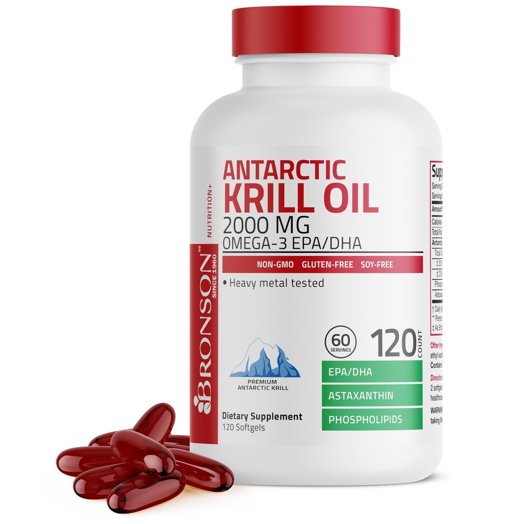 Bronson Antártico Krill Oil 2000 mg con Omega-3s EPA, DHA, Astaxanthin y Phospholipids 120 Softgels (60 Servings)