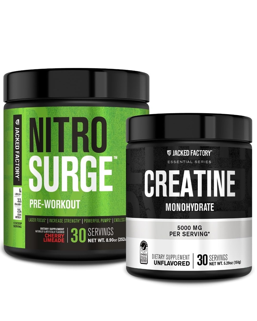 Fábrica de Jacked NITROSURGE Pre Workout Suplemento (Cherry Limeade) Creatine Monohydrate Powder (150g) para el crecimiento muscular, mayor fuerza, energía mejorada