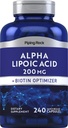 Piping Rock Alpha Lipoic Acid 200mg TEN 240 Capsules TEN Plus Biotin Silencio No GMO, Gluten Suplemento gratuito