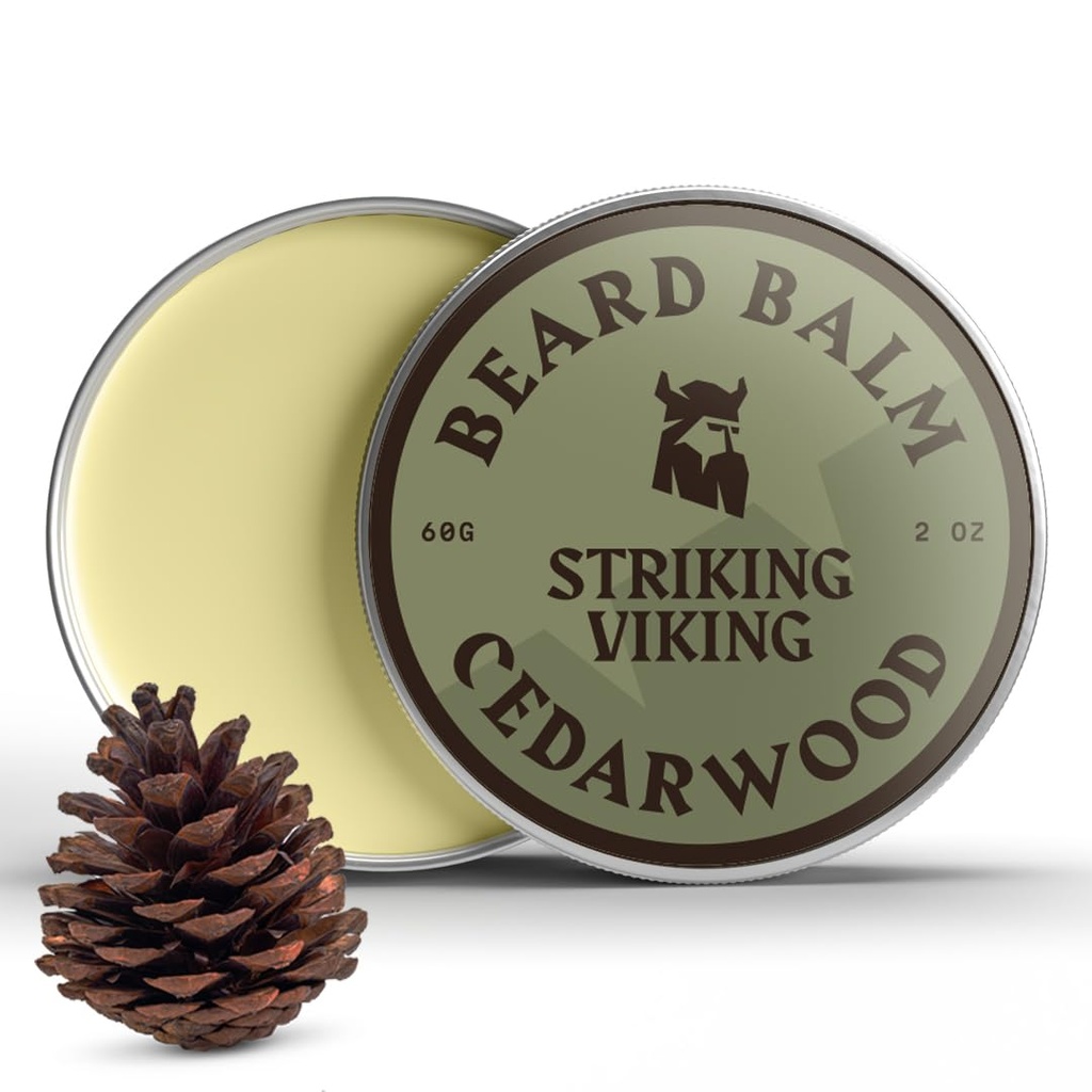 Bálsamo de barba vikinga para hombres - Salir en la barba Acondicionador - Bálsamo picante Hecho con mantequilla de barba naturalmente derivada, aceites Argan & Jojoba (2 onza (Pack de 1), olor de cedro)