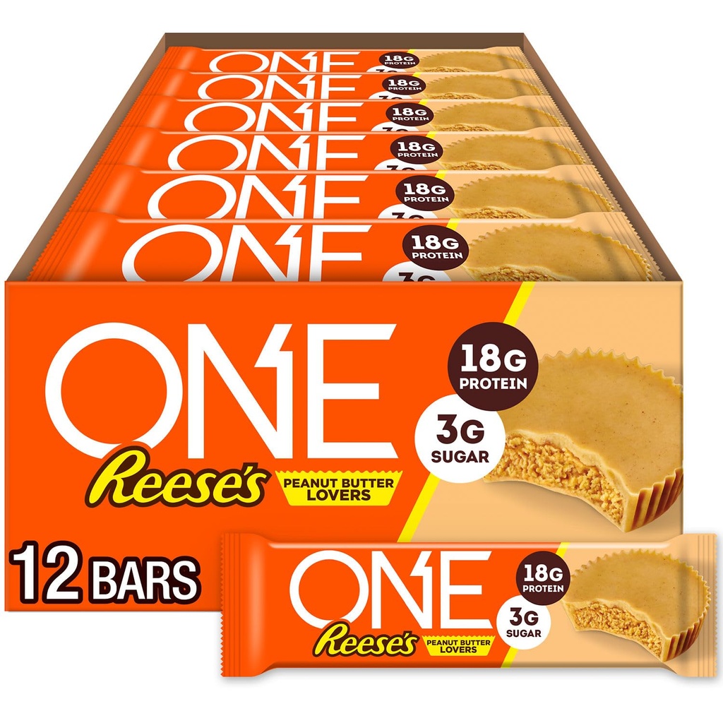 ONE Protein Bares, Reese's Peanut Butter Lovers, Gluten Free with 18g Protein and 3g Sugar, Pantry Staples, 2.12 oz (12 Conde)