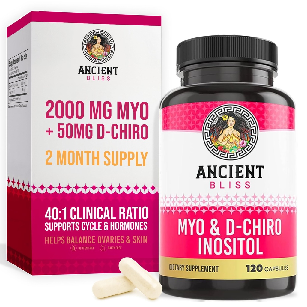 Ancient Bliss Myo & D-Chiro Inositol Supplement, 40 to 1 Ratio, Helps in Ovarian Function Support for Women, Vitamin B8 Helps to Regulate Menstrual Cycle, 2050mg per Serving, 120 Vegan Capsules