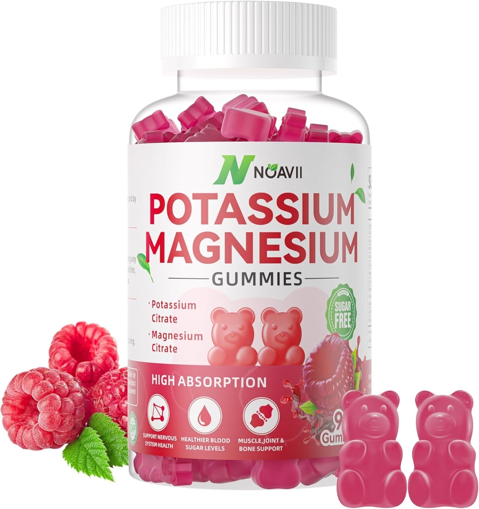 Potassium Magnesium Gummies, New Formula Calm Magnesium Glycinate Gummies, Chewable Gummy Supplements for Leg Cramps & Muscle, Raspberry Flavor 90 Count