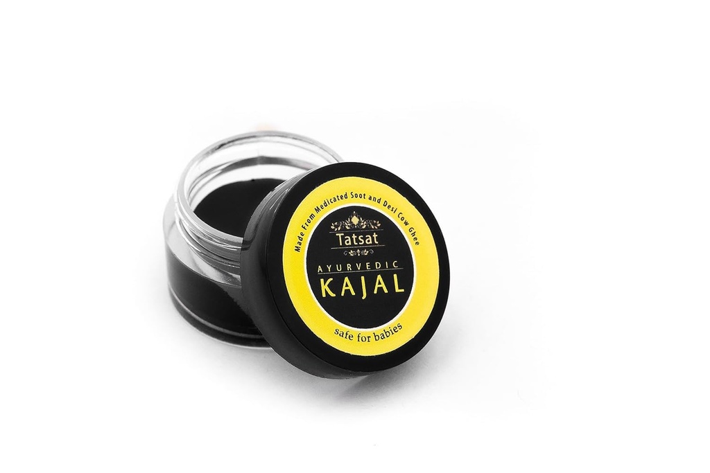 TATSAT - WELLNESS THROUGH AYURVEDA BABY Kajal,Natural,herbal y ayurvédico con hollín médico y Desi Cow Ghee perpetuaSafe For Babies vidasLab Tested underNo Preservatives, Black, Matte Finish