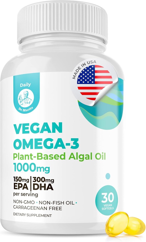 DR. MORITZ Vegan Omega-3 Softgels para adultos y niños, Hecho de aceite de algas con DHA EPA, pequeños Algas Omega 3 Suplementos, Vegan, 30 Cuenta
