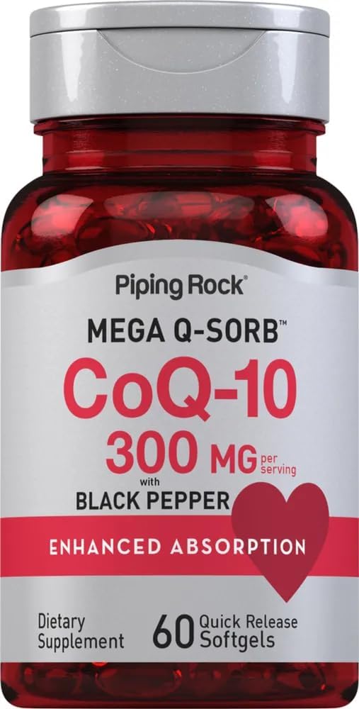 CoQ10 300mg ← 60 Softgels Silencio con Black Pepper ← Coq10 Coenzyme Suplemento TEN Mega Q-Sorb ANTE Enhanced Absorption ← Non-GMO, Gluten Free ← Por Piping Rock