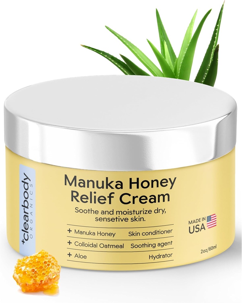 Clearbody Organics Manuka Honey Cream - 2 fl oz, Pack of 1 - Soothing Eczema Cream - Deep Hydration with Colloidal Oatmeal - Instant Manuka Relief for Dry, Itchy Skin