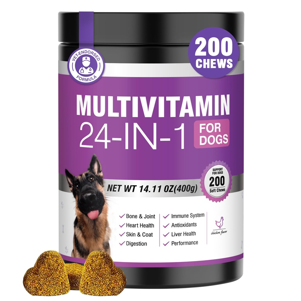 24-in-1 Vitaminas y Suplementos de perros 200 Ct Perros Multivitamínico Chewable Contain Condroitin Probióticos Omega-3 Glucosamina para perros Skin Coat Coat Coat Coat Corazón Cote Coaguillo Ojos de cerebro Apoyo inmunitario - Chicken