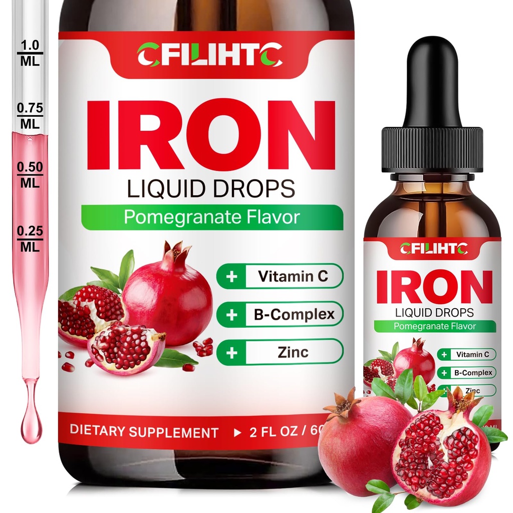 Liquid Iron Supplement for Women Men & Kids Multivitamin Iron Drops with Folate, Vitamin C, B6, B12, Zinc for Anemia, Iron Deficiency, Blood Builder, Energy - Natural Pomegranate Flavor, Vegan 2 Fl Oz