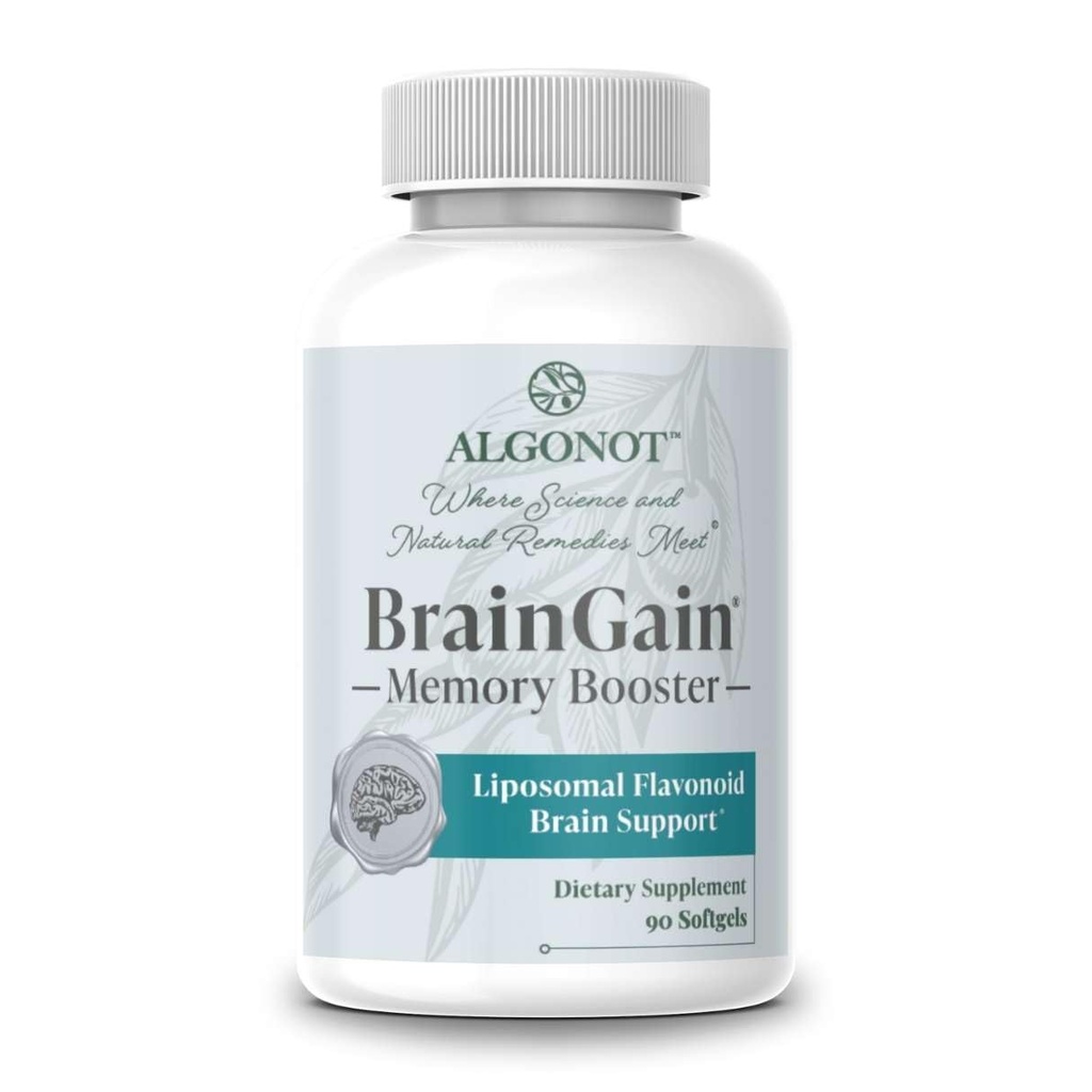 BrainGain, Luteolin " Key Ingredients with EVOO. Puede apoyar el cuerpo en la reducción del estrés mientras aumenta la función cognitiva. Los únicos productos de luteolina liposomal que utilizan aceite de oliva.