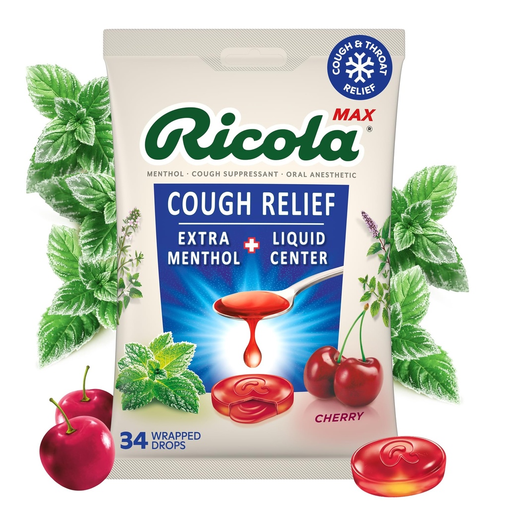 Ricola MAX Throat Care Swiss Cherry Drops - 34 Count | Made with Extra Menthol Liquid Center - Maximum Cough and Sore Throat Relief for Cold & Flu Symptoms - Herbal Lozenges