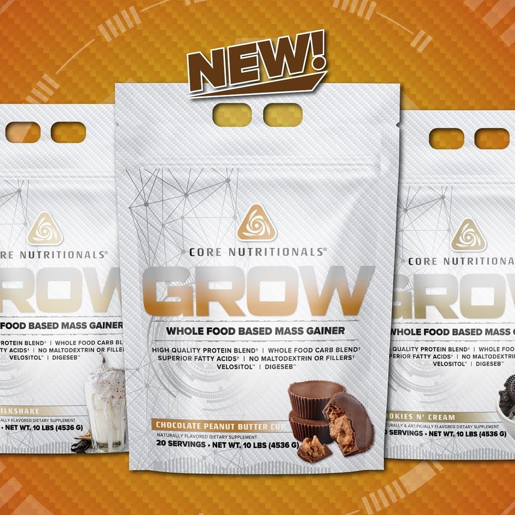 Core Nutritionals Grow Mass Gainer ← Whole Food Carb Blend + Protein Blend ← Maltodextrin Free ← 880 Calories, 50g Protein ← 10 libras (Chocolate Peanut Butter Cup)
