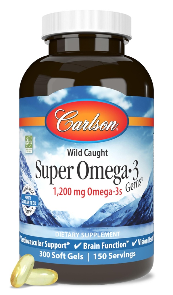 Carlson - Super Omega-3 Gems, 1200 mg Omega-3 Fatty Acids with EPA and DHA, Wild-Caught Norwegian Fish Oil Supplement, Sustainably Sourced Capsules 300 Softgels