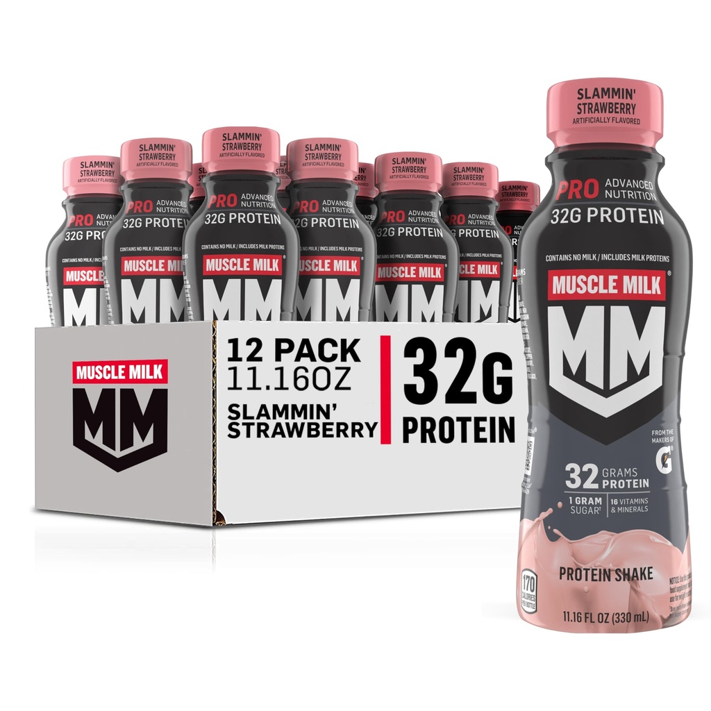 Muscle Milk Pro Advanced Nutrition Protein Shake, Slammin' Strawberry, 11.16 Fl Oz (Pack of 12), 32g Protein, 1g Sugar, 16 Vitaminas & Minerales, 5g Fiber