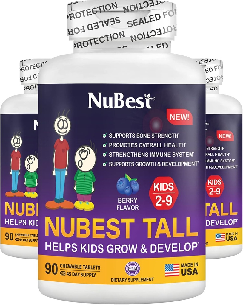 NuBest Tall Kids - Toddlers Vitamins and Kids Vitamins for Age 2 to 9 - Support Bone Strength, Overall Health and Immunity - Animal Shapes - 270 Chewable Berry Tablets | Pack 3