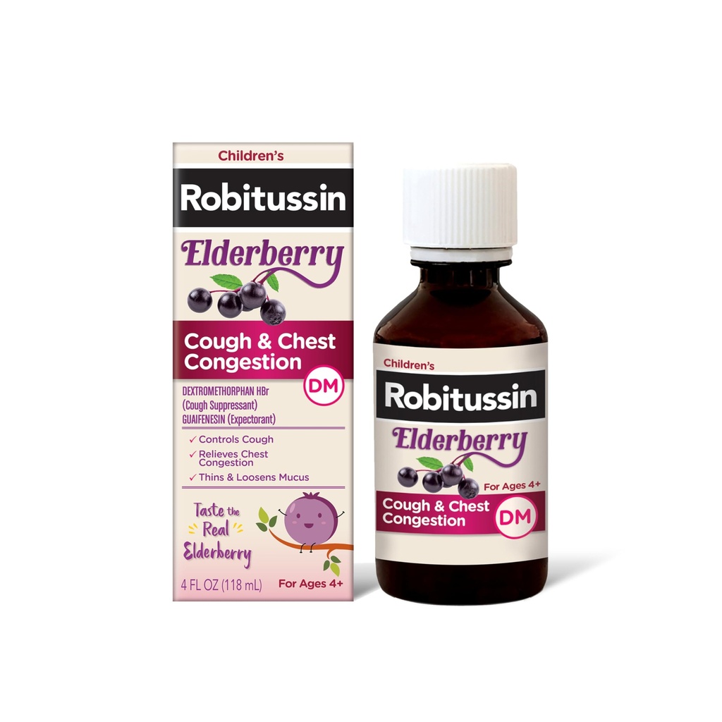 Tos Robitussin Elderberry + Congestión Chest DM Medicina de la tos infantil, Alivio de la congestión de pecho y jarabe de tos - 4 Fl Oz