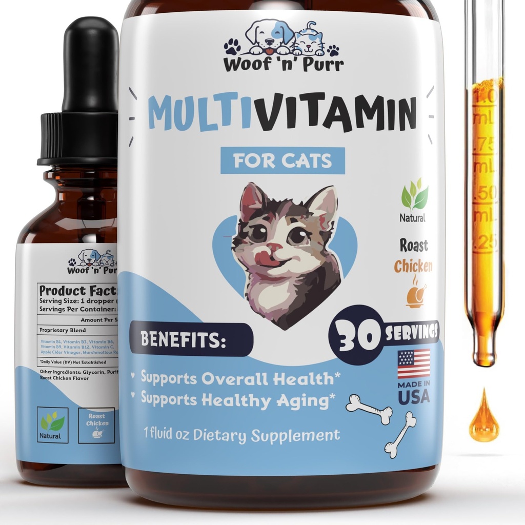 Cat Multivitamin - Promotes Healthy Skin & Coat, Joint Support, Longevity & More - Cat Vitamins - Cat Supplements & Vitamins - Cat Vitamins for Indoor Cats - Kitten Vitamins - Cat Immune Support - 1oz