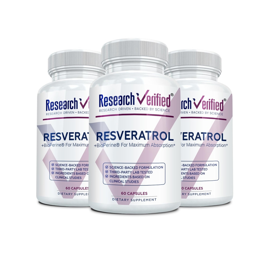 Research Verified Resveratrol - 98% Trans-Resveratrol 1000 mg, Anti-Aging Support - 60 Capsules per Bottle - 3 Bottles