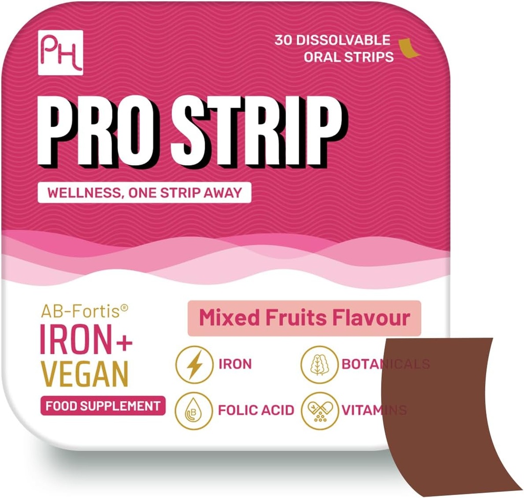 PROSTRIP® Iron+ AB-Fortis® 14mg Added with Vitamin C, B1, B2, B6, Folic Acid, Beetroot, Spinach and Tart Cherry – 30 Oral Vegan Strips – No Water Needed – High Absorption by Prowise Healthcare