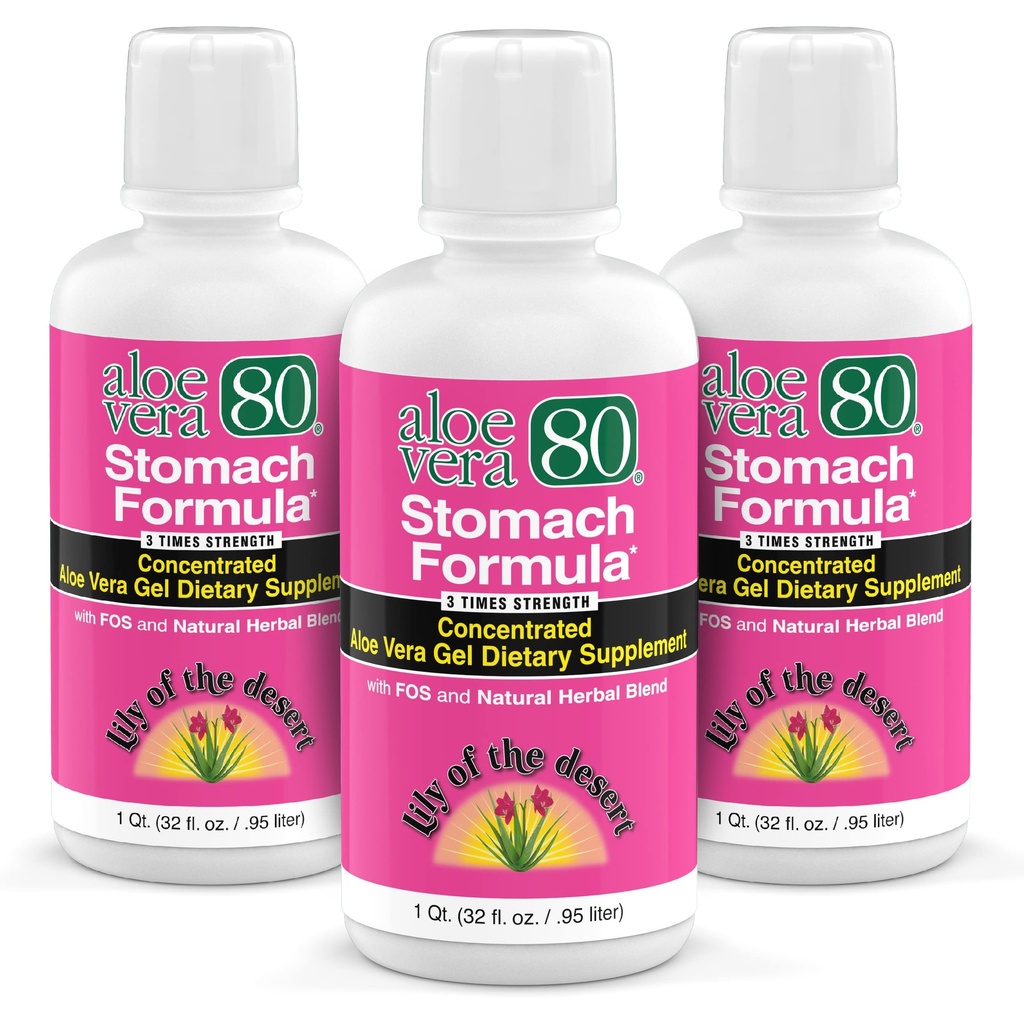 Lily Of The Desert Stomach Formula, Aloe Vera 80 Gel - Concentrated Aloe Vera Juice with Slippery Elm, Chamomile, Peppermint, and Ginger for Gut Health, Heartburn, Acid Reflux, 32 Oz (Pack of 3)
