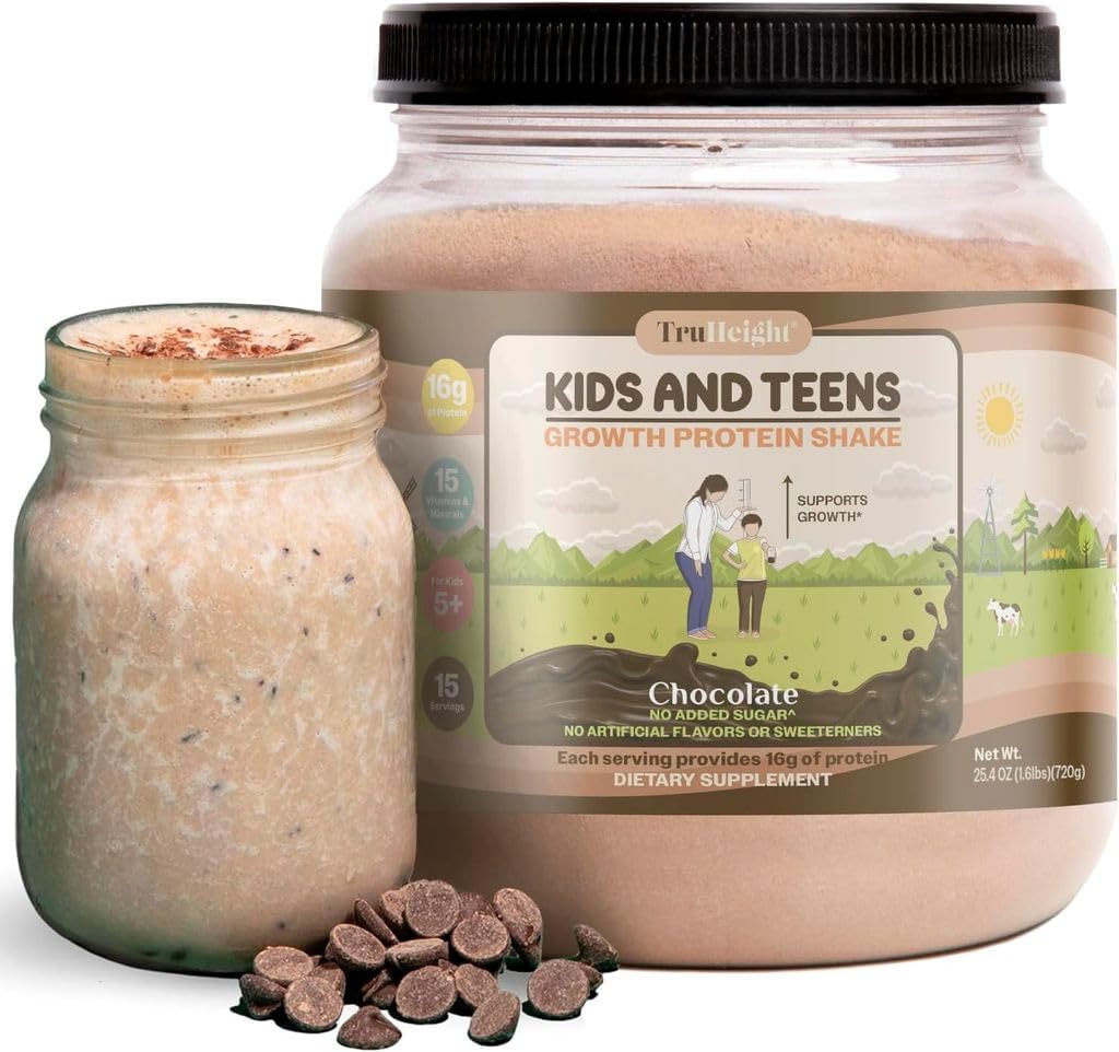 TruHeight Growth Protein Shake (Chocolate Milk Flavor, Whey) Natural Growth & Development Protein Powder for Kids & Teens - Weight Gain Drinks - Endorsed by Pediatricians, Picky Eater Vitamin, Ages 4+