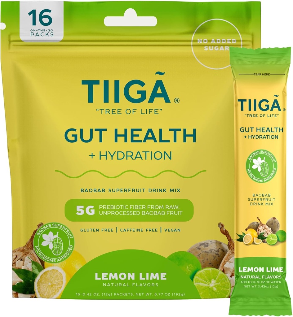 Tiiga Gut Health + Hydration Drink Mix – 7g Baobab, 5g Prebiotic Fiber, Electrolytes, No Dairy, Vegan, No Añadido Sugar, Digestión, Regularidad, Estreñimiento – 16 Servings