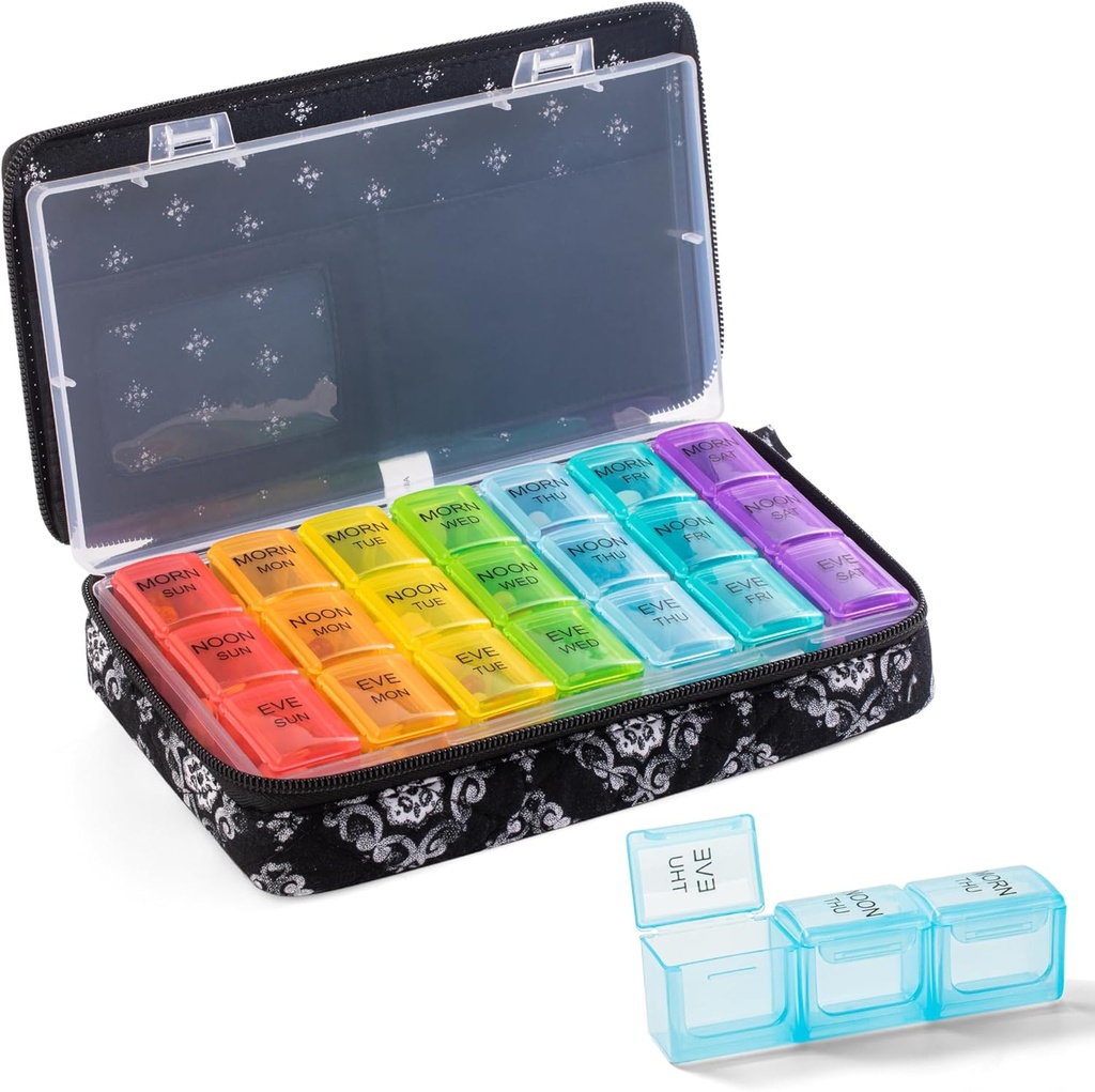 Weekly Pill Organizer 3 Times a Day - Pill Box 7 Day 3 Times a Day with Cute Quilted Fabric Zipper Bag- Travel Pill Case 7 Day 3 Times a Day for Vitamin Medicine Organizer