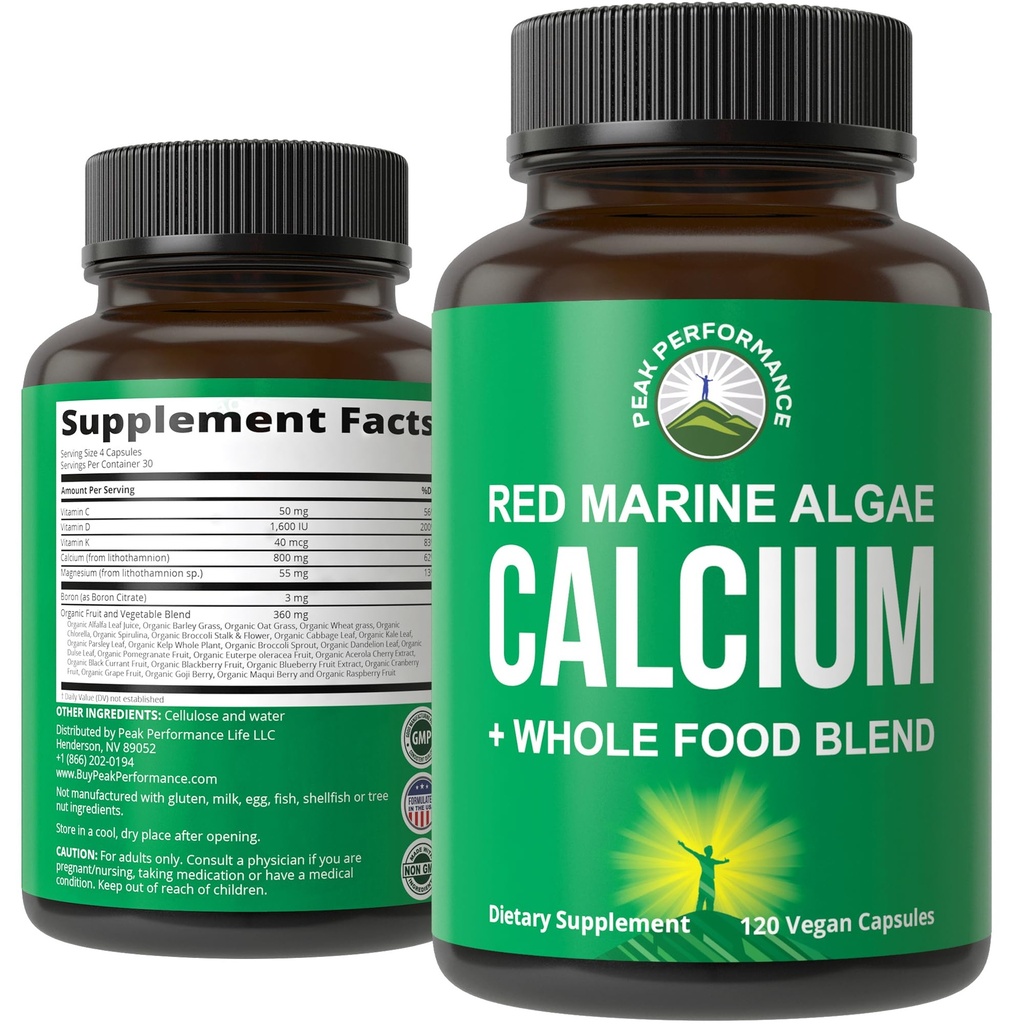 Plant Based Calcium - Red Marine Algae Calcium Supplement with Vitamin C, D3, K, Magnesium, and Whole Food Vegetable Blend. Vegan Capsules for Bones and Joints. 120 Pills, Tablets