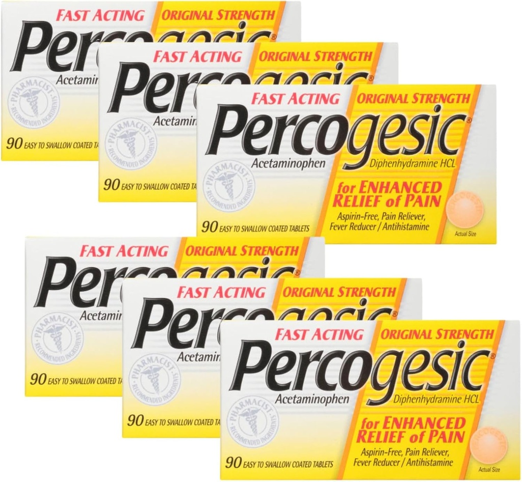 Tablas de Alivio de Dolor Libre de Aspirina Percogesica, Fuerza Original, Acetaminofeno y Diphenhydramina, 90 ct (Pack of 6)