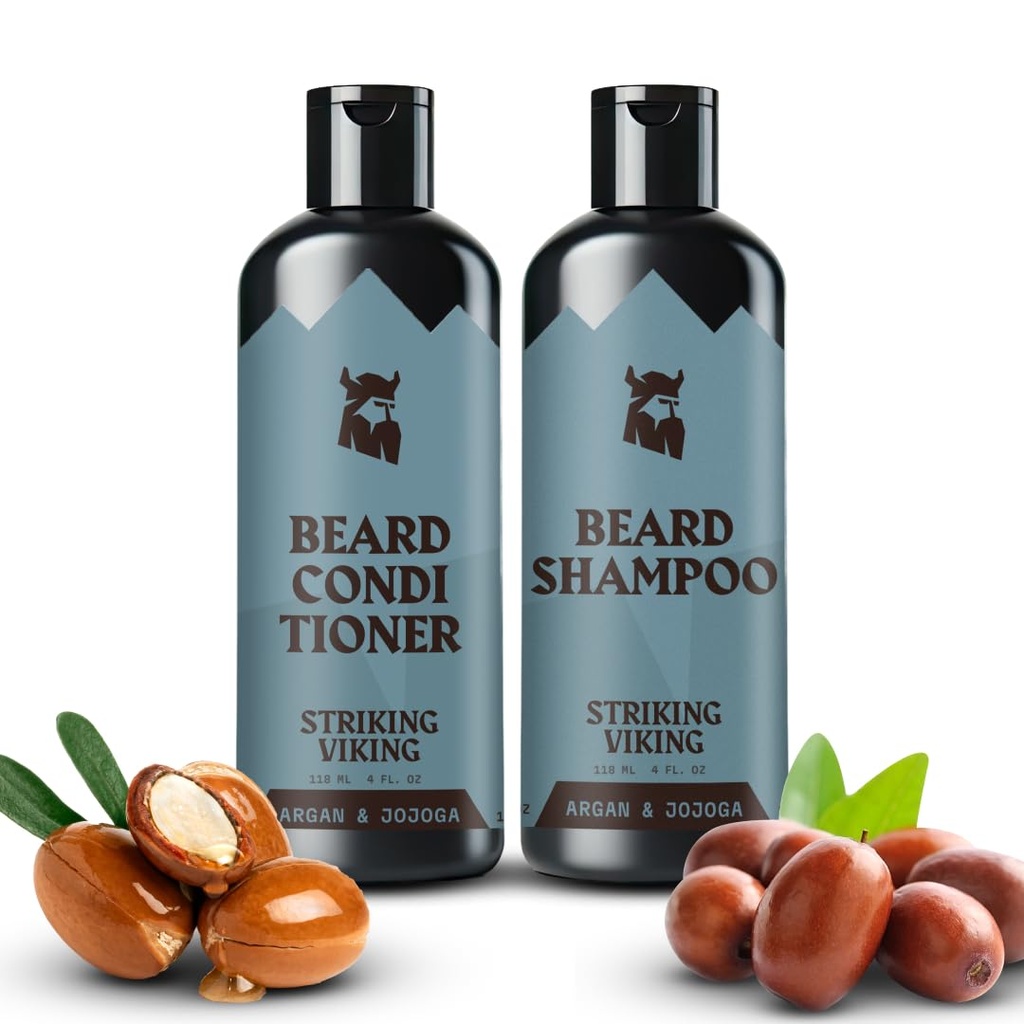 Juego de champú y acondicionador de barba vikinga – 4 Fl Oz Cada, aroma Masculino fresco - lavado de barba y acondicionador para hombres - limpia y suaviza, con aceite de Argan & Jojoba - Sulfate &amp; Paraben Gratis