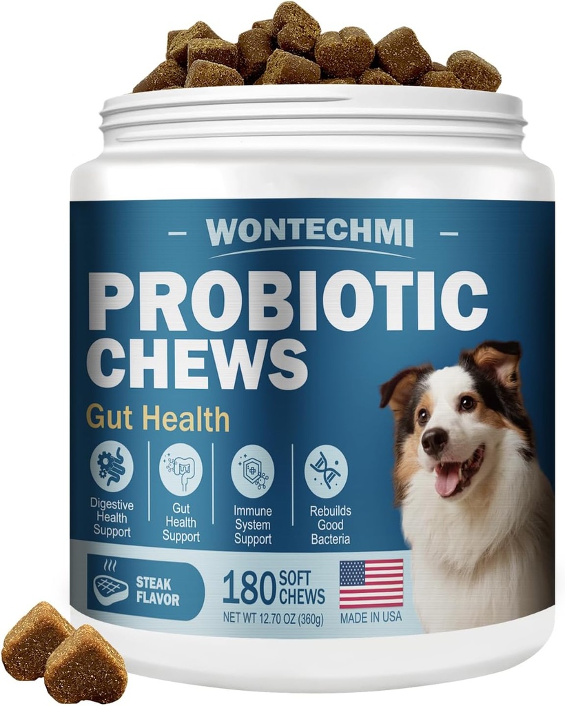 Probiotics for Dogs, Improve Itchy Skin Itchy Ears, Gut Health, Yeast Balance, Allergies, Immunity, Dog Probiotics and Digestive Enzymes with Prebiotics, Reduce Diarrhea (180 Chews, Steak)