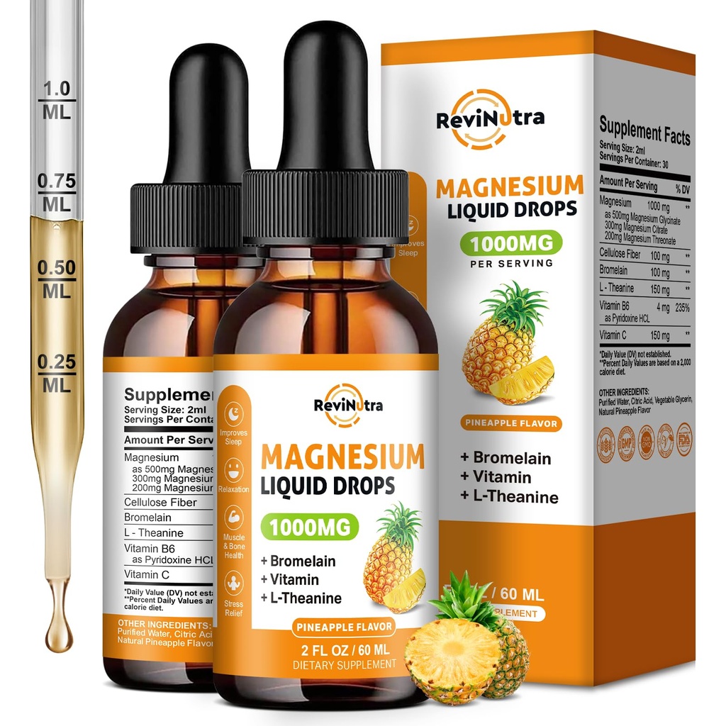 2 Pack Magnesium Glycinate Liquid Drops, 1000mg de Liquid Magnesium Complex Drops for Sleep, Nerve, Energy, Muscle, Bone, Calm & Digestion, High Absorption, 2 Fl Oz, Pineapple Flavor