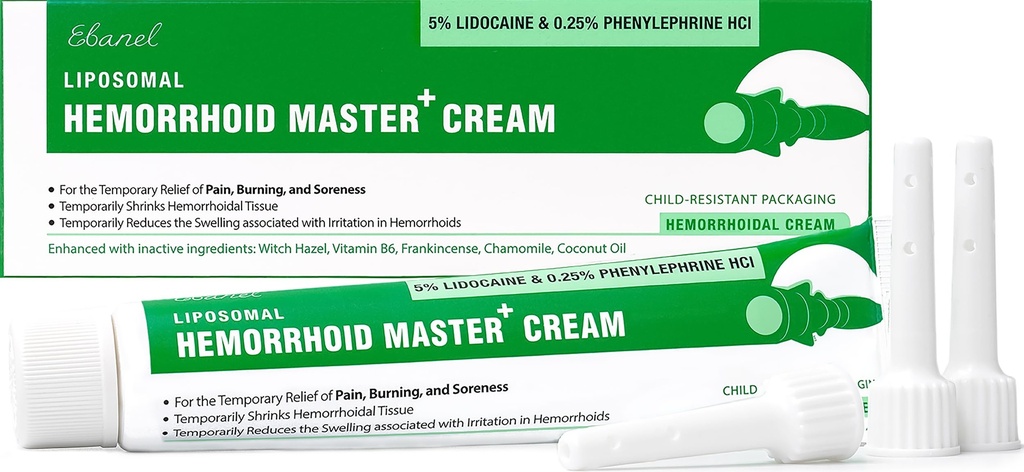 Ebanel 5% Lidocaine Hemorrhoid Treatment Cream with Witch Hazel, Phenylephrine, Horse Chestnut, Vitamin B6, Zinc Oxide, External and Internal Hemorrhoids Treatment Burn Itch Pain Relief Anal Cream