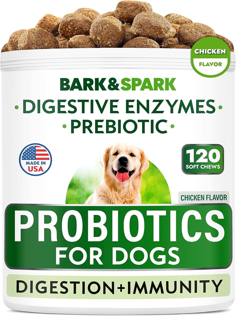 Mandíbulas probióticas para perros - Gas, Diarrea, Alergias - Enzimas + Prebióticos - Fibra Chewable - Digestión, Inmunidad - USA Made