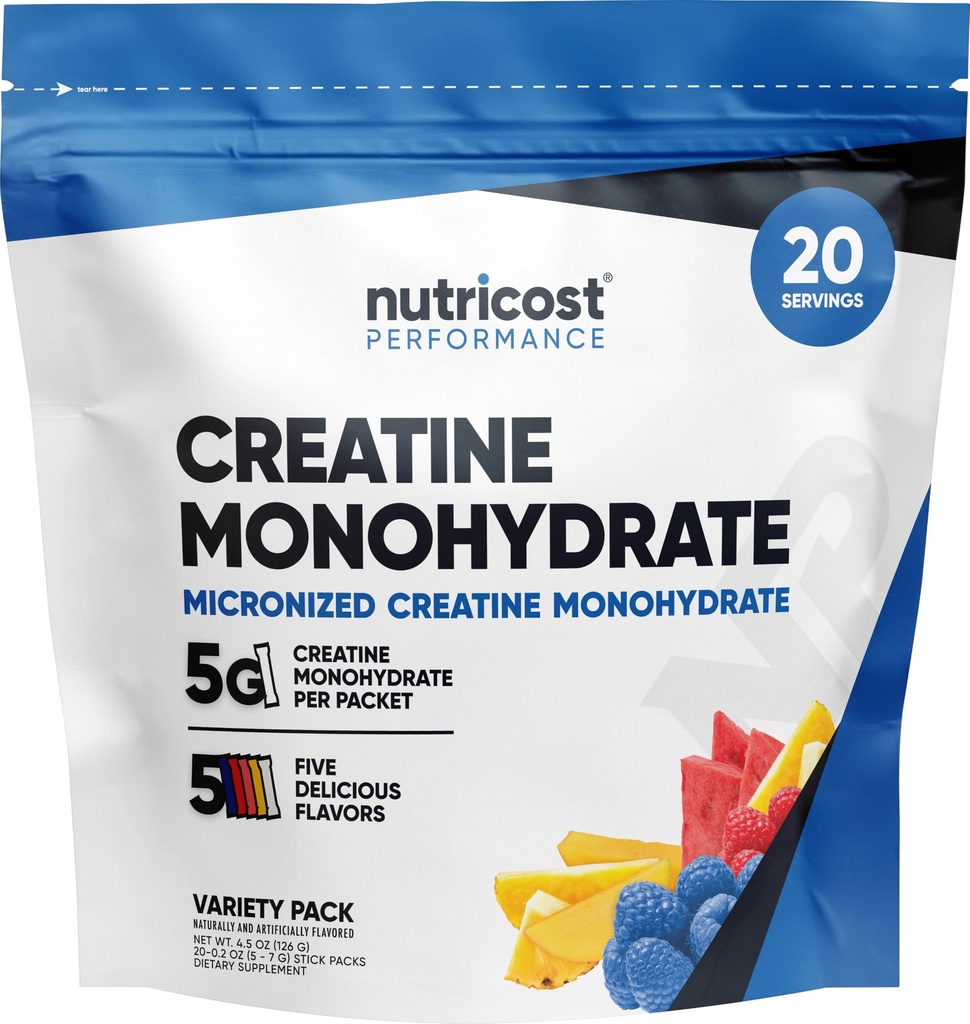 Nutricost Creatine Monohydrate Variedad Stickpacks (5 Sabores, 20 Servings) - Micronized, 5 Grams of Creatine Monohydrate Por Pack