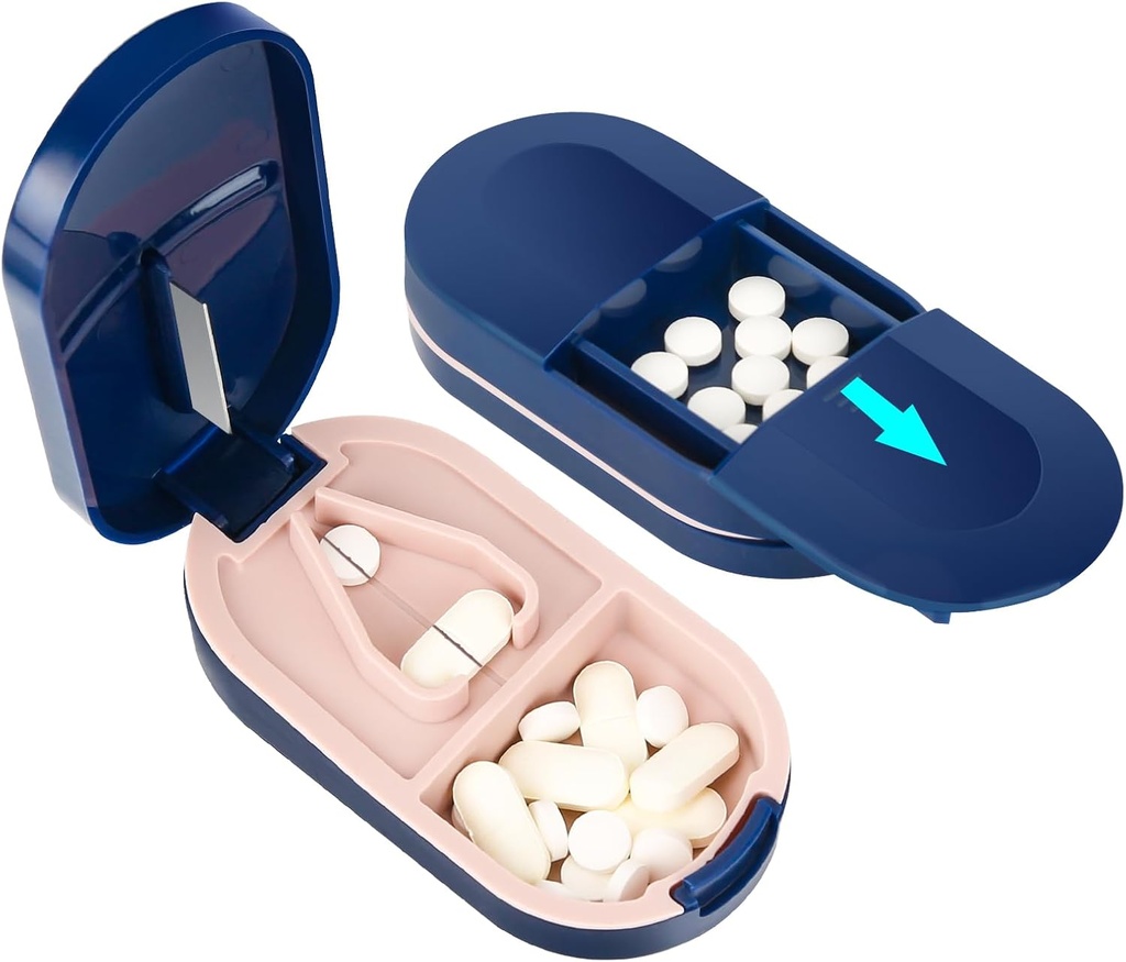 LEAFTOL Pill Cutter, Portable Pill Splitter 2-in-1 Pill Case with Stainless Steel Blade, for Small or Large Vitamins Tablets, Cut Pills with Mini Pill Organizer Compartment – Blue