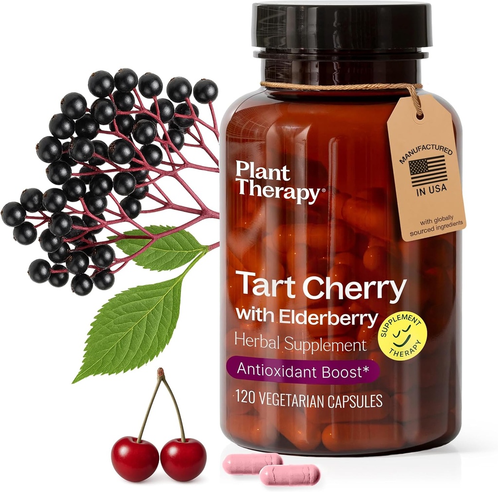 Plant Therapy Tart Cherry Capsules with Elderberry Manufactured in USA 4 Month Supply Supports The Body, Immune System & Sleep Cycle Supplements for Women & Men 120 Vegetarian Capsule