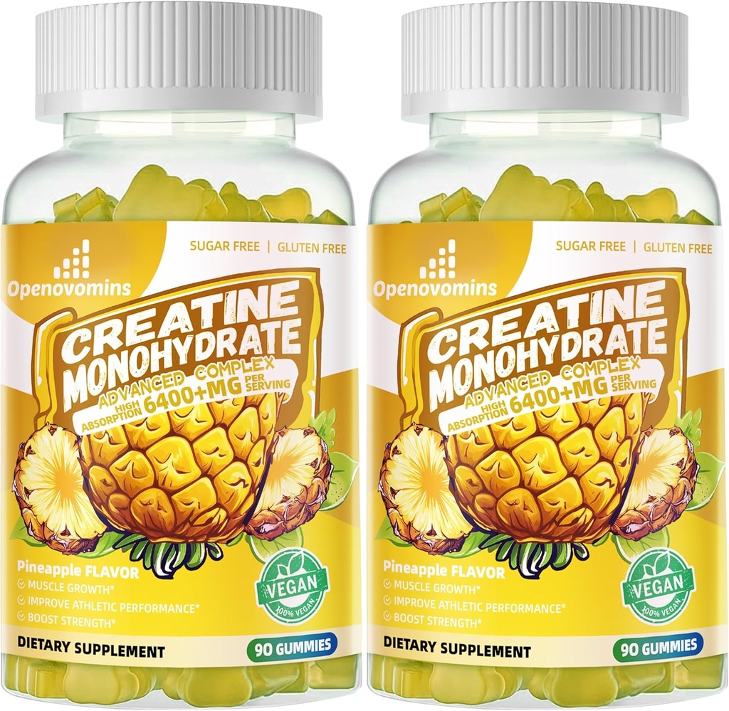 Complejo de Gummies de Monohidrato de Creatina para Hombres y Mujeres -Fórmula avanzada W/L-Taurina + Vitamina B12, Suplemento gratuito de Azucar,180 manijas de piña 2pack