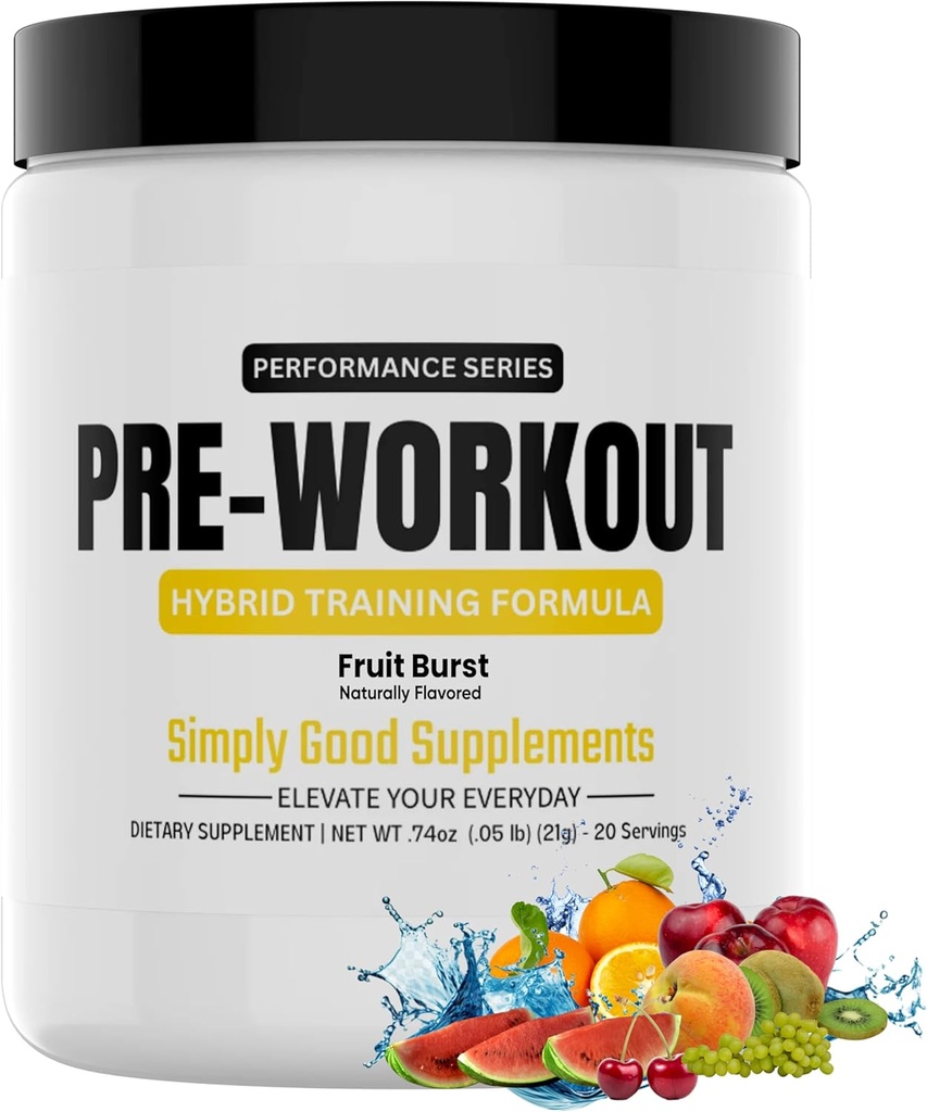Hybrid Pre Workout Powder Supplement | 250mg Caffeine | Alpha GPC | No Jitters | Energy, Focus, Power, Endurance | for Men & Women | Tried & True Ingredients | 20 Servings