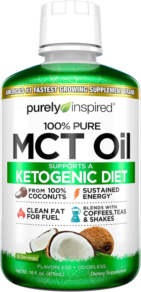 MCT Oil ← Puramente Inspirada Pura MCT Oil Keto TENIDO Fuente del aceite de coco, no-OMM ANTERIOR Apoyos Keto & Paleo Diets Ø Blends with Coffee, Tea and Shakes TEN MCT Oil for Sustained Energy TEN Unflavored, 16 fl oz