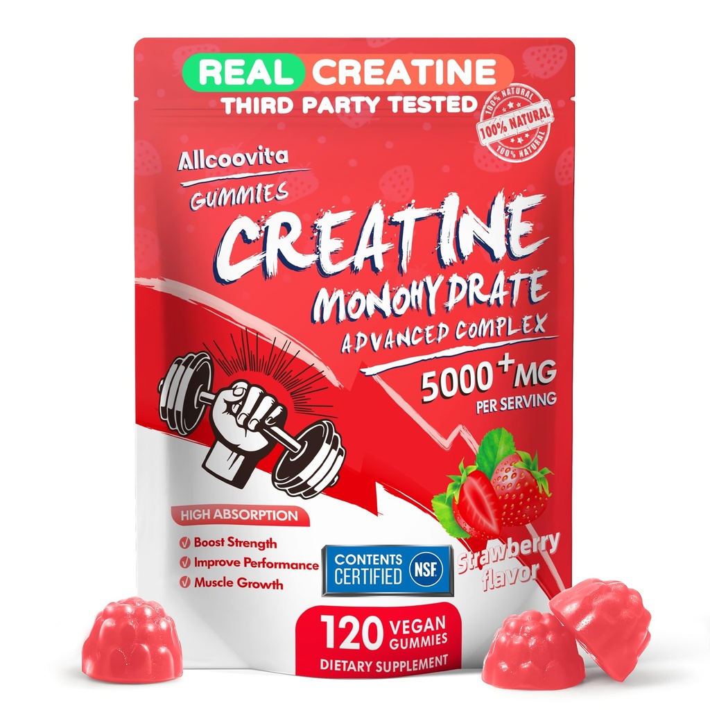 Complejo de Gummies de Monohidrato de Creatina para Hombres,5 Gram por Serving Electrolyte Creatine Gummy para Estrés muscular, Muscle Builder, Energy Boost, Pre-Workout Supplement-120 Strawberry Gummies